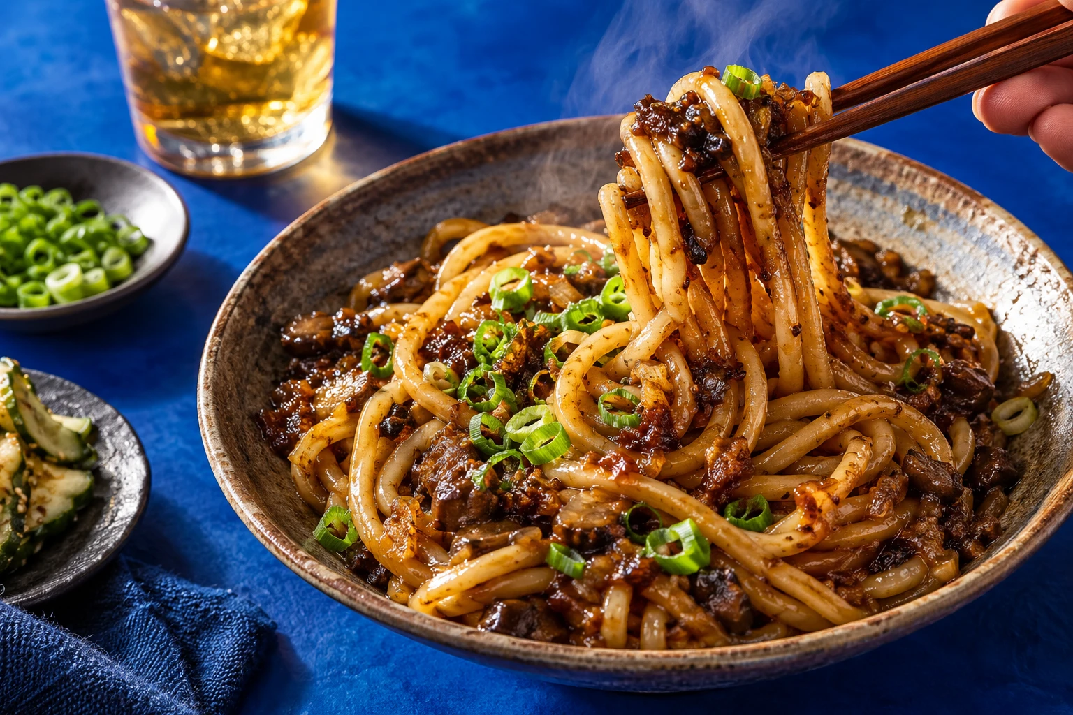 Chopsticks lifting glossy noodles coated in rich Japanese-style umami sauce