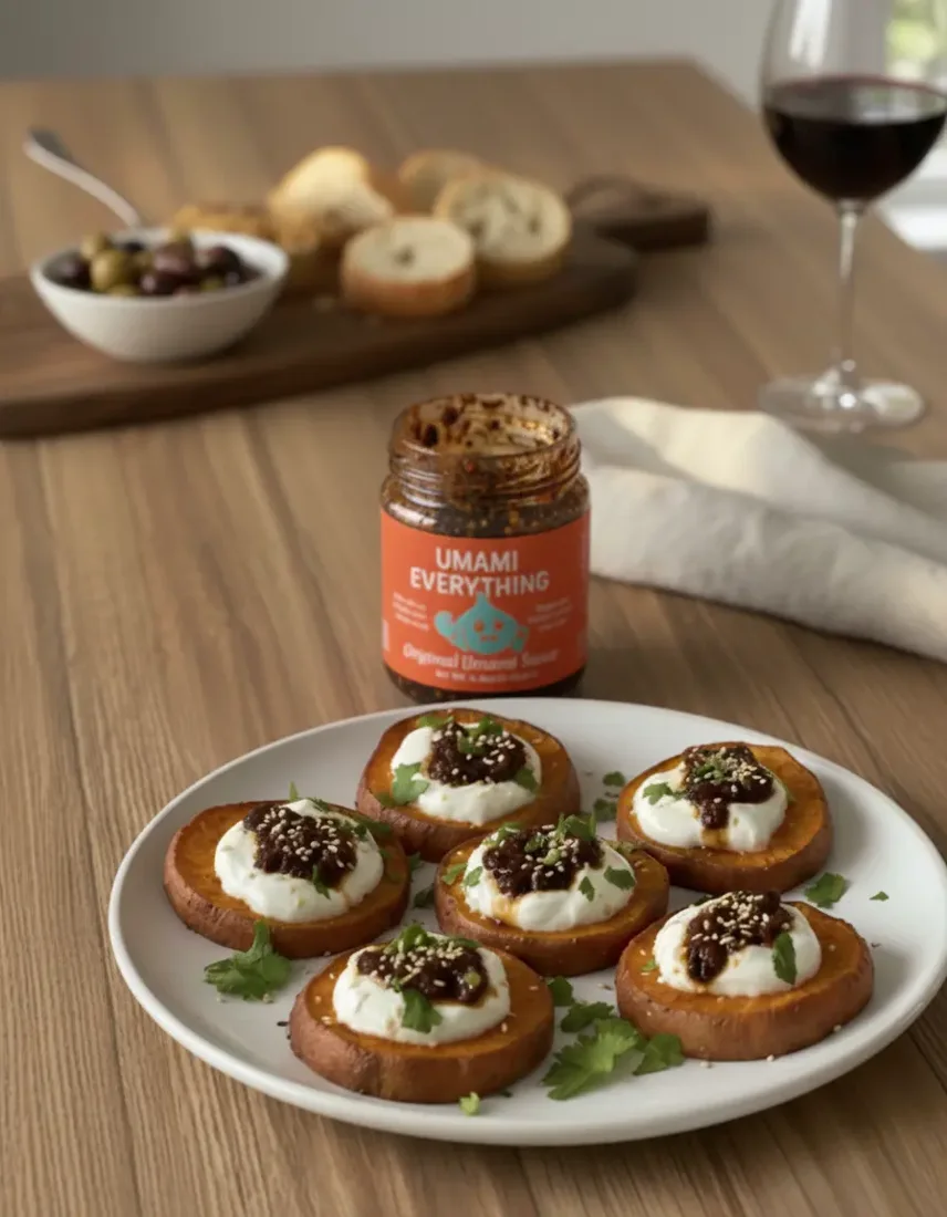 Roasted sweet potato with yogurt and umami sauce